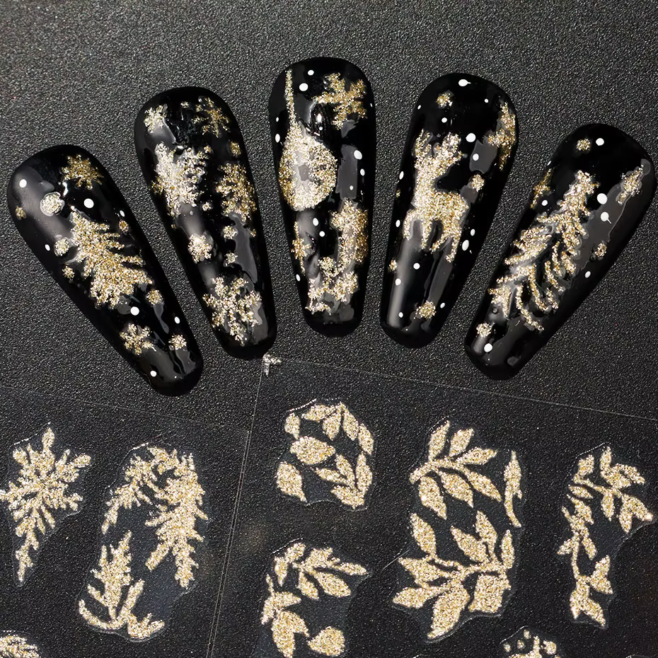 Autocollants pour ongles en forme de feuilles dorées scintillantes