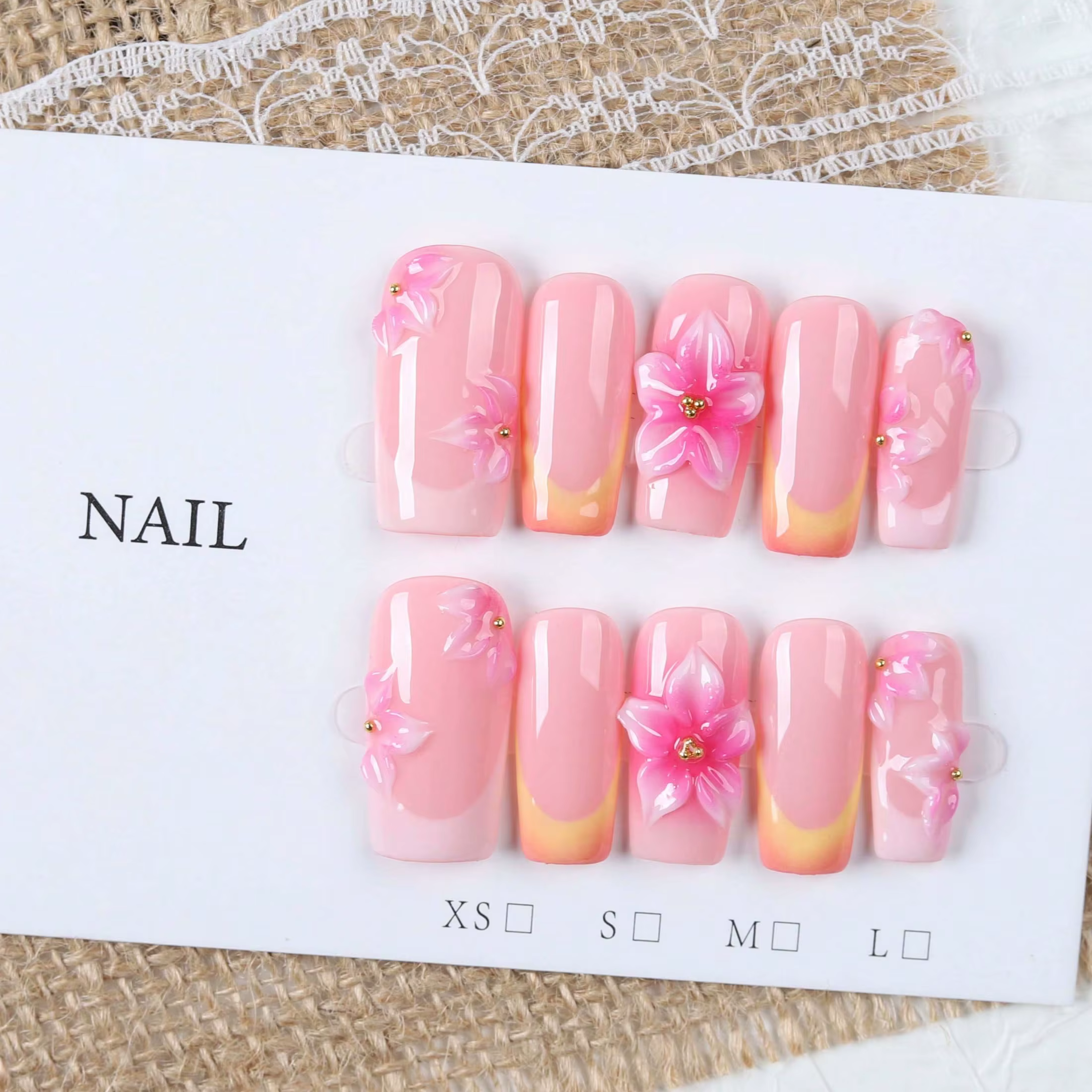 10 faux ongles à presser de style français, de longueur moyenne, rectangulaires, dégradé rose nude et orange, style féminin doux et pur, faits à la main, avec fleurs roses en relief en trois dimension