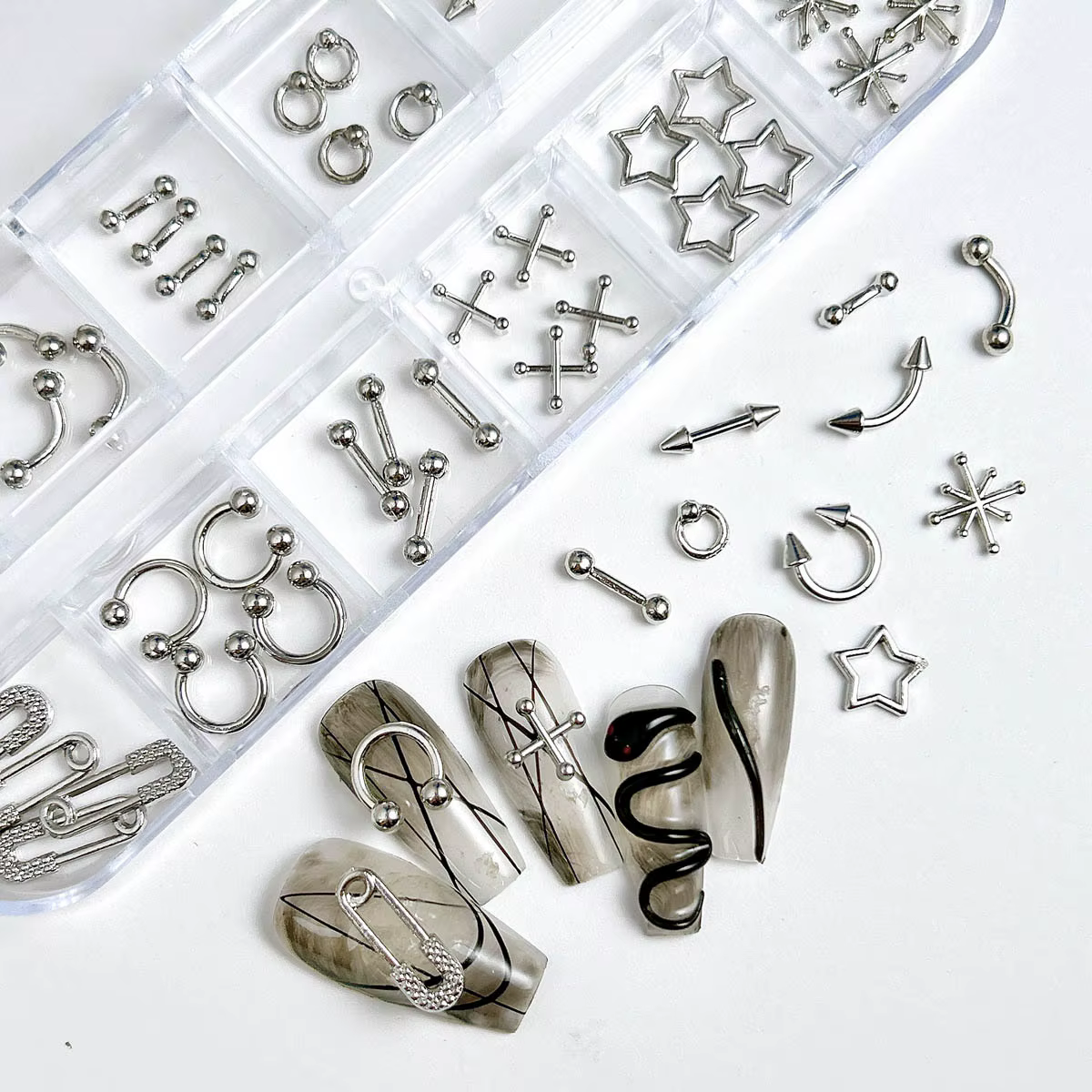 12 grilles Goth Punk ongles breloques goujons Y2K Piercing conceptions métallique argenté