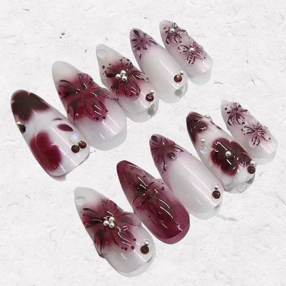 24 pièces perles fleur ongles conseils couleur foncée Design français Nail Art presse