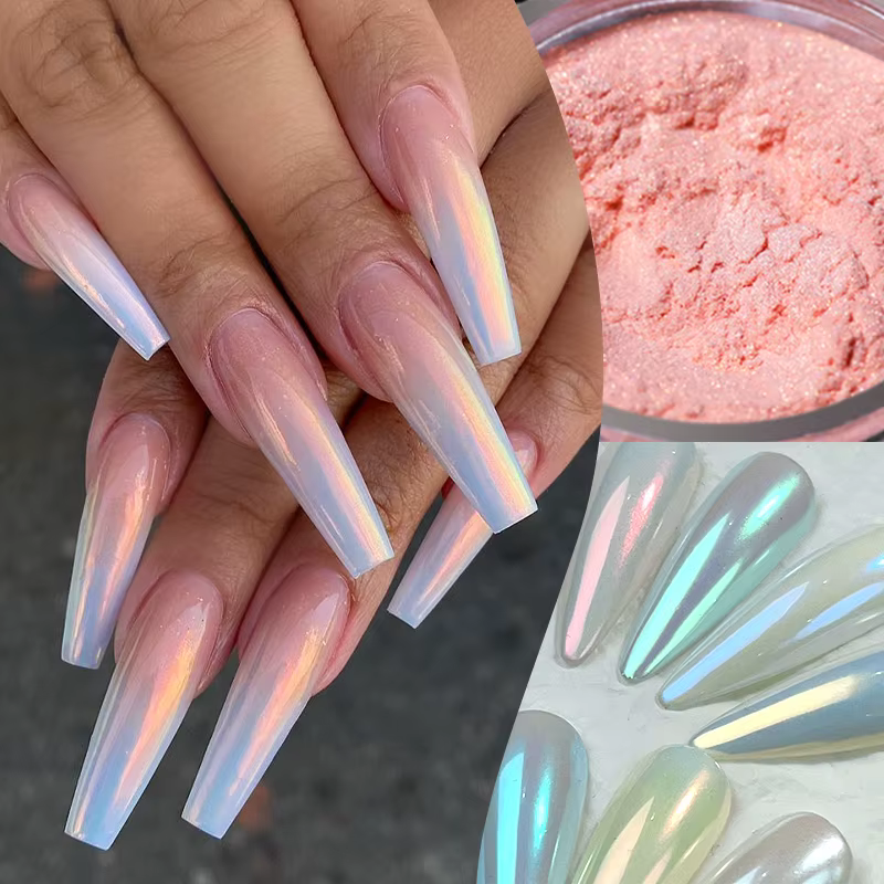 Aurora perle nue rose blanc ongles paillettes poussière Chrome clair de lune