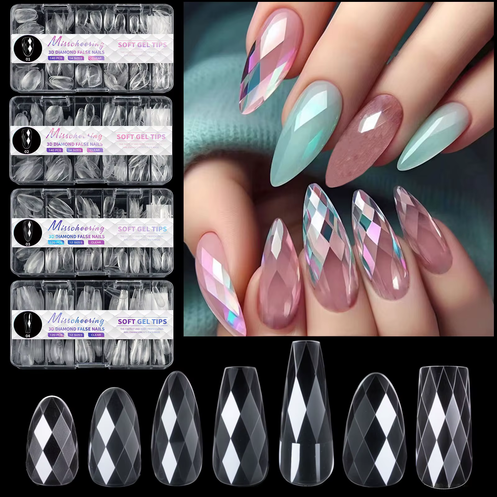 Faux ongles 3D en forme de diamant