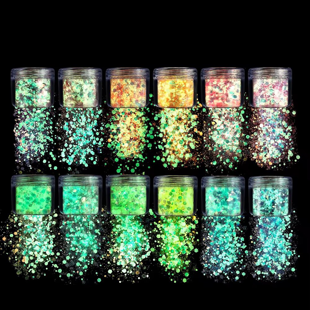 15 couleurs-20g brillent dans la nuit paillettes lumineuses grosses Nail Art