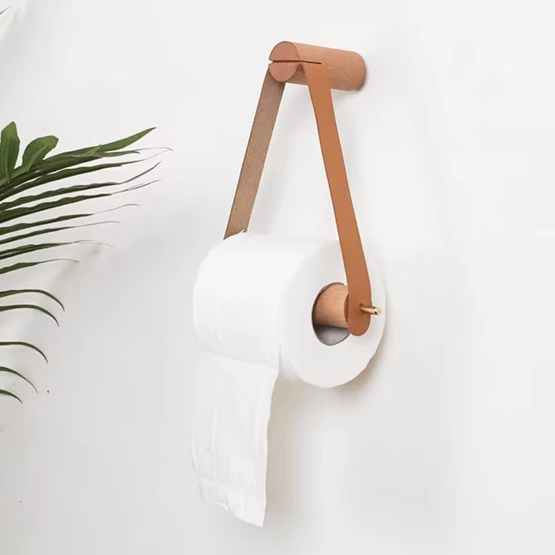 Porte-rouleau de papier toilette Vintage en bois et cuir, support de rangement pour salle de bain, distributeur de serviettes et de mouchoirs, accessoires de salle de bains muraux