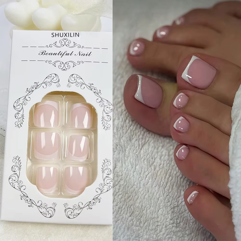48 pièces/ensemble Faux ongles à presser roses nude et blancs