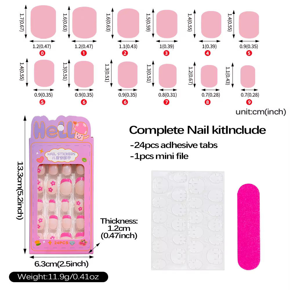 24 pièces/boîte Faux ongles en gel noirs et roses à fleurs pour filles