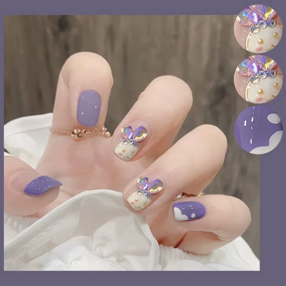 24P Taro violet lapin conception couverture complète faux ongles artificiels amovibles presse sur Nail Art acrylique