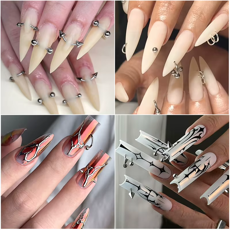 12 grilles Goth Punk ongles breloques goujons Y2K Piercing conceptions métallique argenté