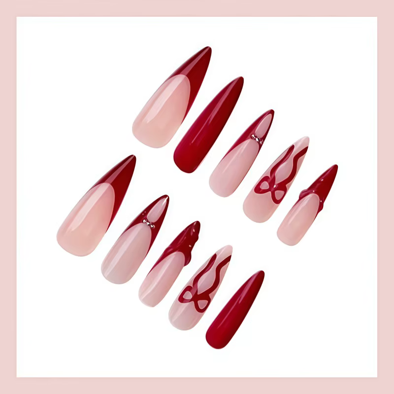 24 faux ongles pointus ondulés rouge bordeaux