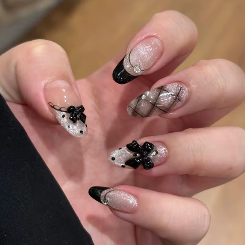 24 pièces amande Pure fait à la main presse sur les ongles couverture complète papillon français perle diamant faux ongl
