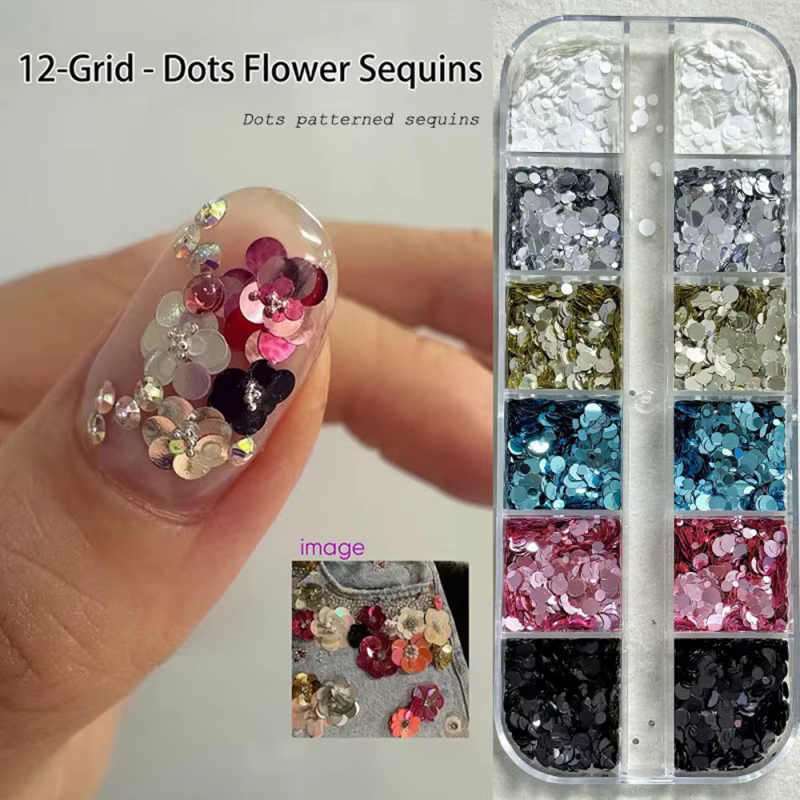 1 boîte de paillettes pour ongles en forme de fleurs 3D colorées