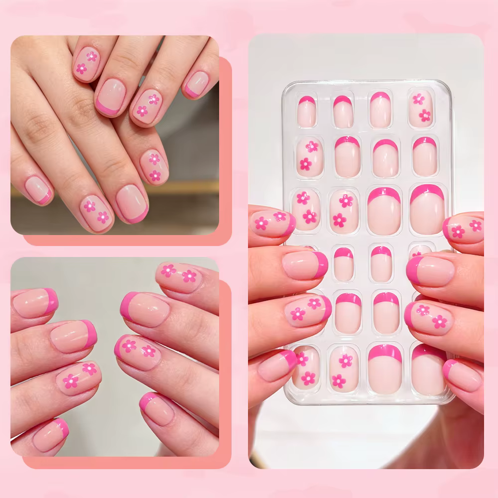 24 pièces/boîte Faux ongles en gel noirs et roses à fleurs pour filles