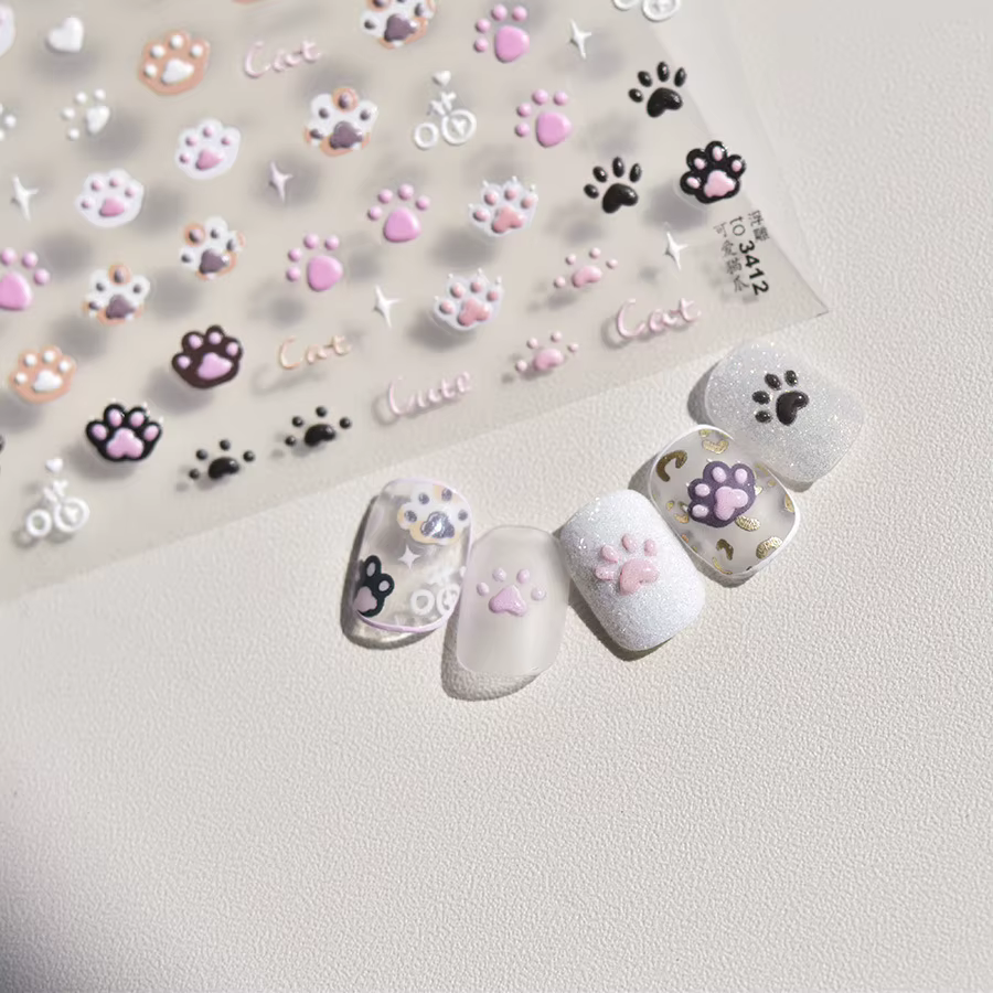 Autocollants pour ongles chat mignon gelée rose patte