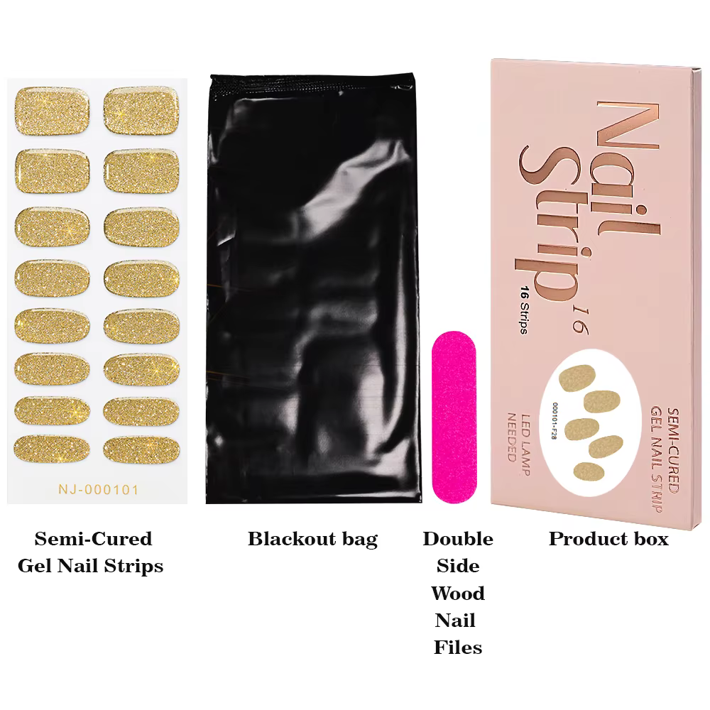 16 autocollants pour ongles en gel semi-durci à paillettes noires + 1 lime