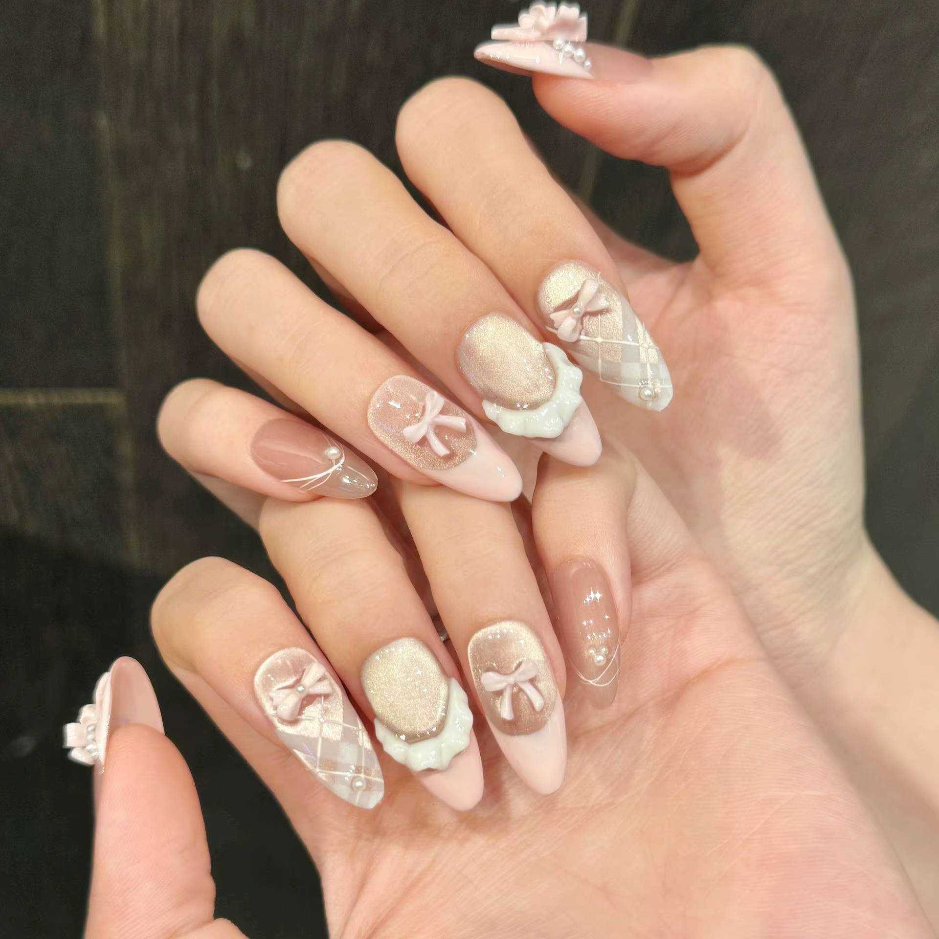 10 pièces doux Ballet portable faux ongles à la main rose Style français 3D nœuds papillon presse