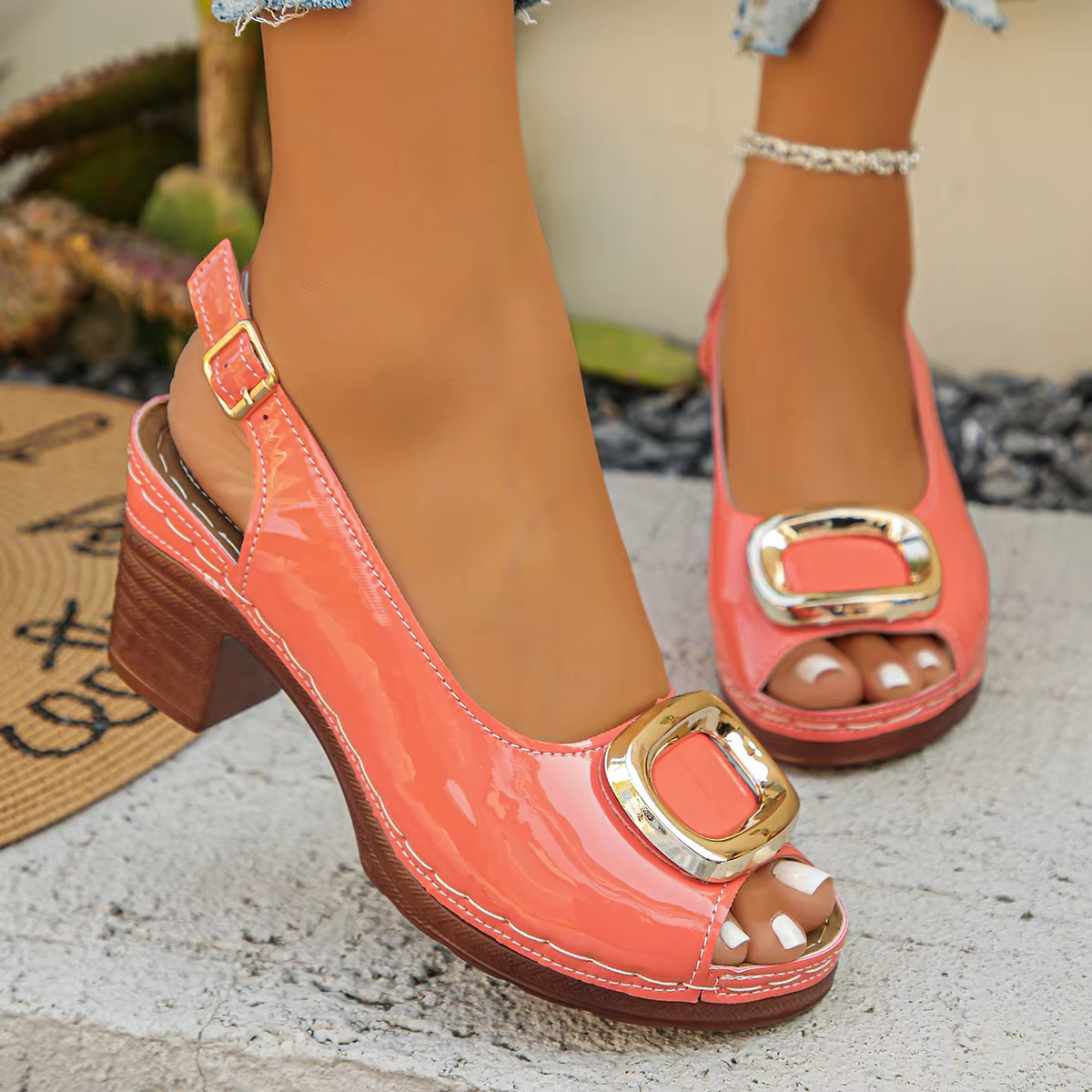 Sandales sexy en cuir verni à talons hauts épais pour femme, avec anneau métallique, bout ouvert, plateforme et bride arrière, pour l'été