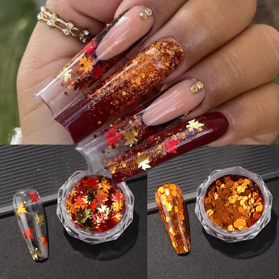 Paillettes feuilles d'érable dorées pour ongles