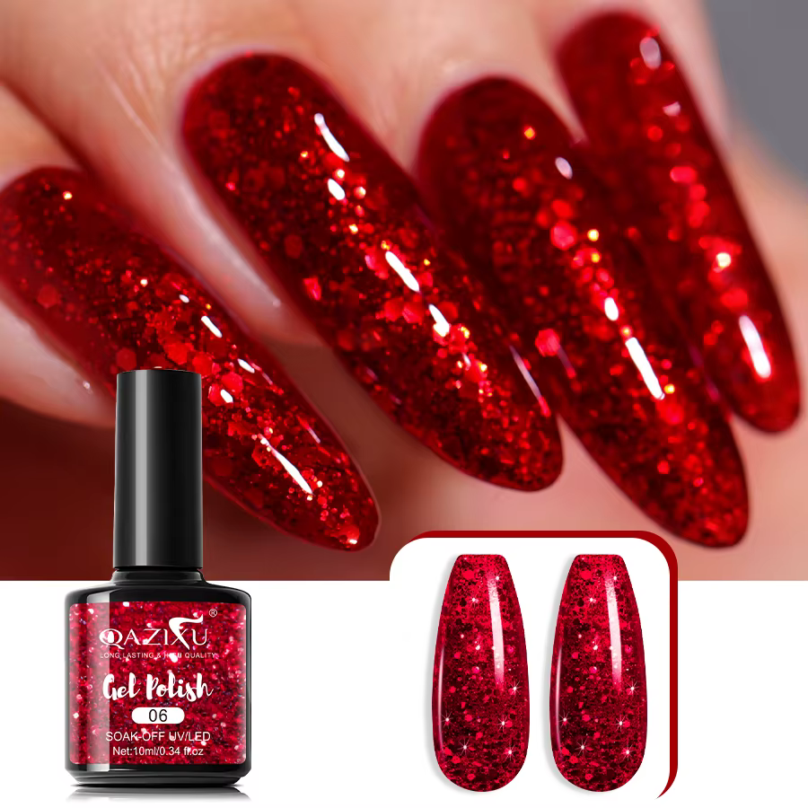 Vernis à ongles Semi-permanent de couleur rouge à paillettes