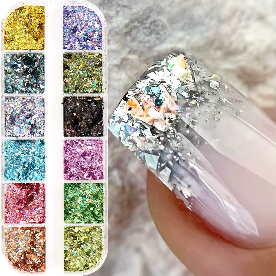 12 grilles holographiques paillettes Nail Art