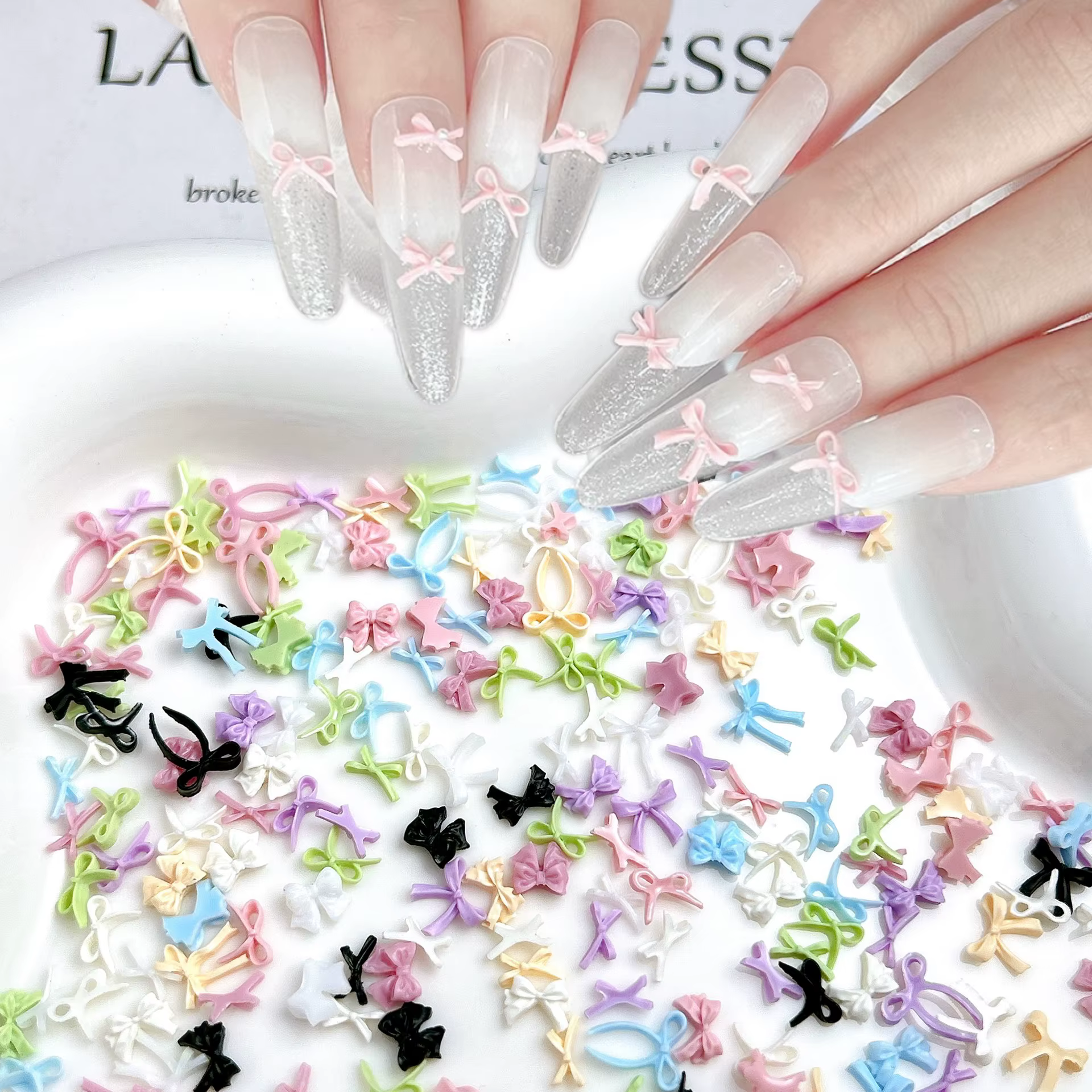 8Styies arcs Design Nail Art accessoires couleurs mélangées arc Macaron dessin animé 3D ruban nœud papillon résine ongles breloques bricolage outil de manucure