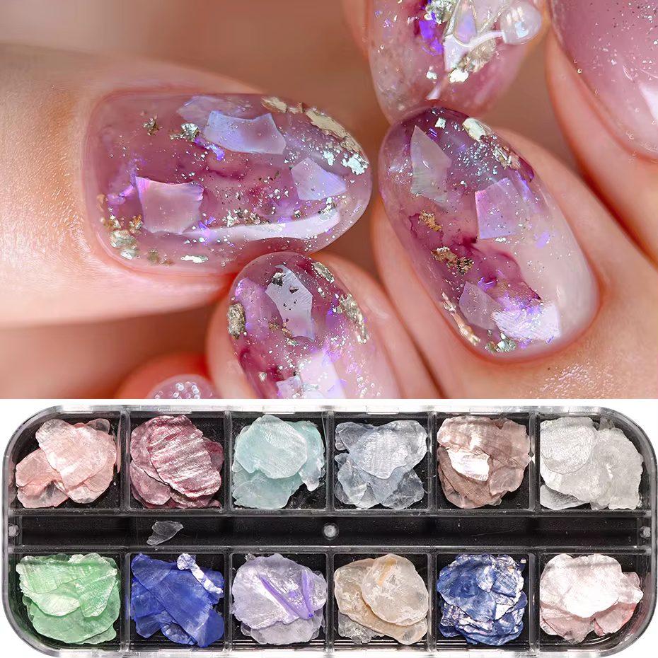 12 compartiments de paillettes pour nail art en forme de coquillages