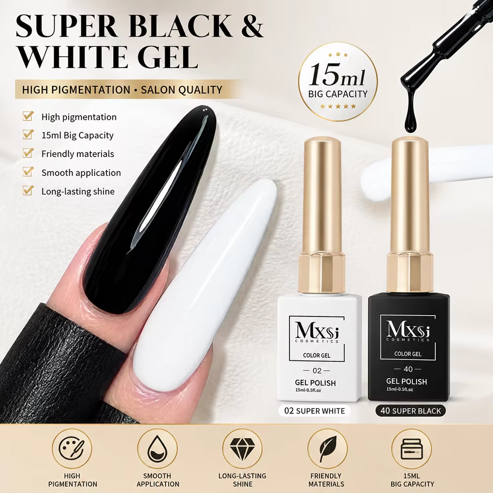 1 Couleur 1 Flacon Vernis Semi-Permanent Noir et Blanc 15ml Lampe UV Nagelack Hybride Nail Art Salon Varnish Non Fixateur