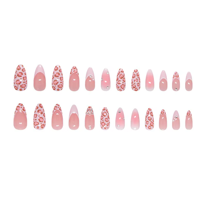 24 faux ongles à presser en amande rose imprimé léopard