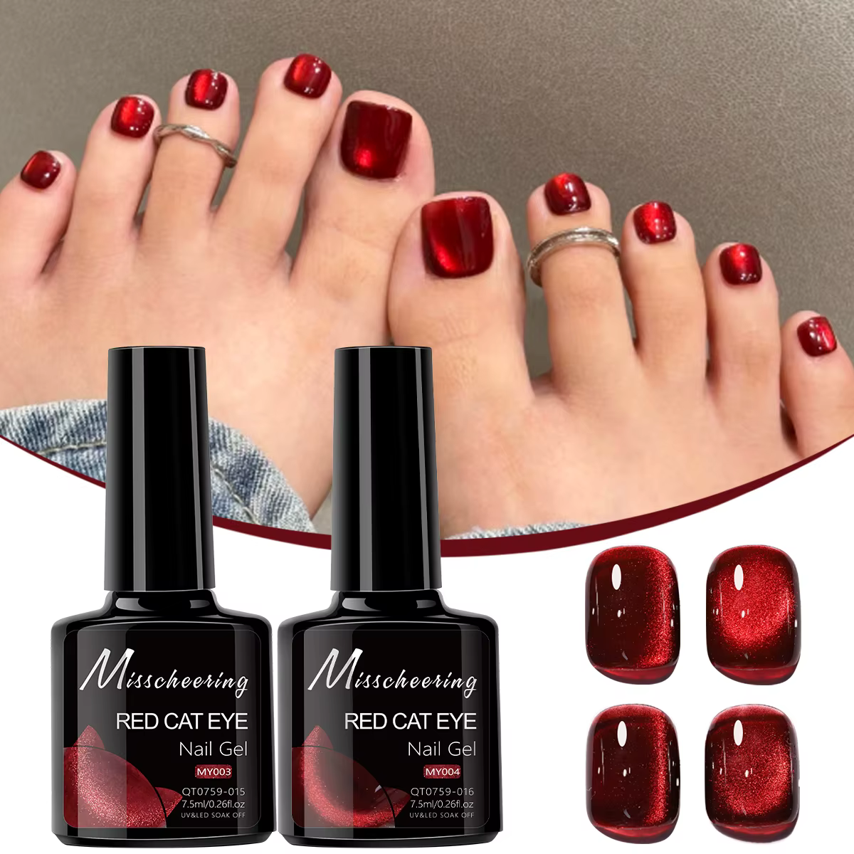 Gel magnétique rouge effet œil de chat pour ongles des orteils