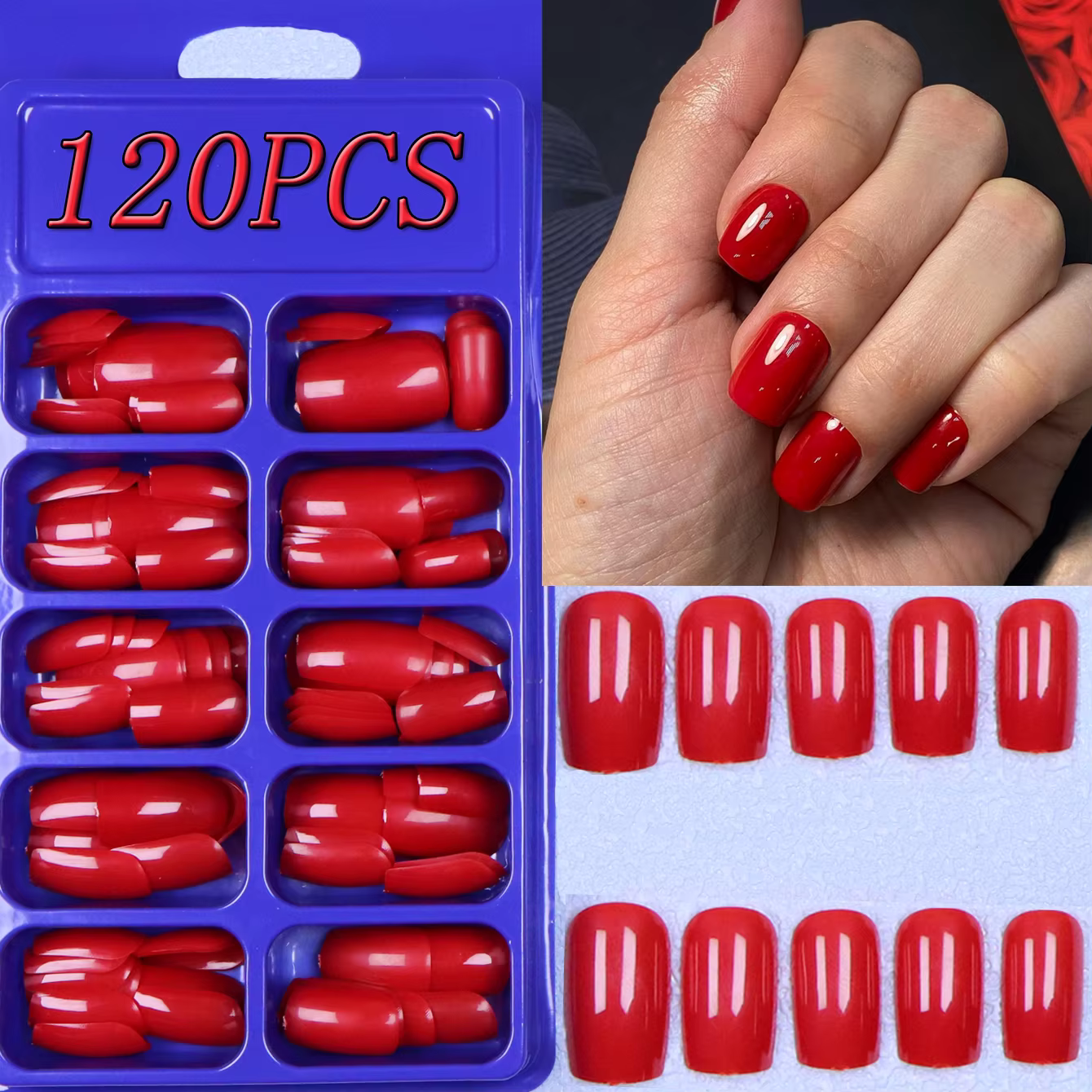 120 pièces presse français rouge mi-long carré faux ongles couleur unie conception réutilisable acrylique