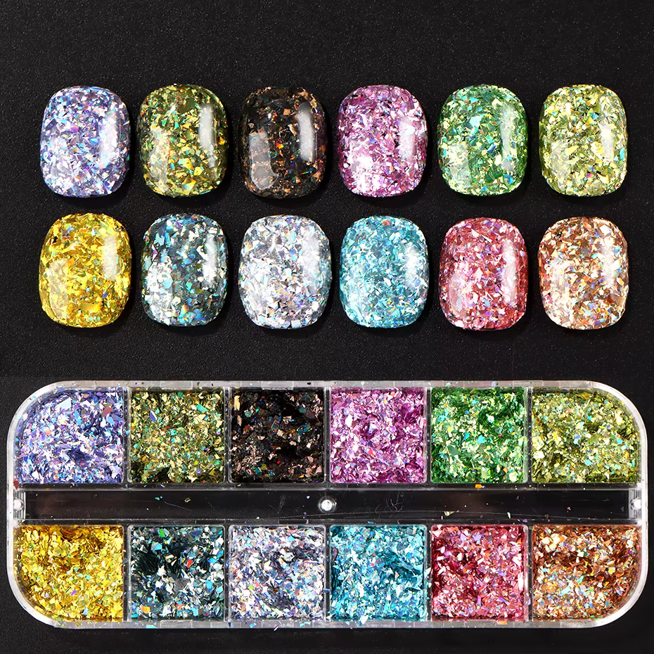 12 grilles holographiques paillettes Nail Art