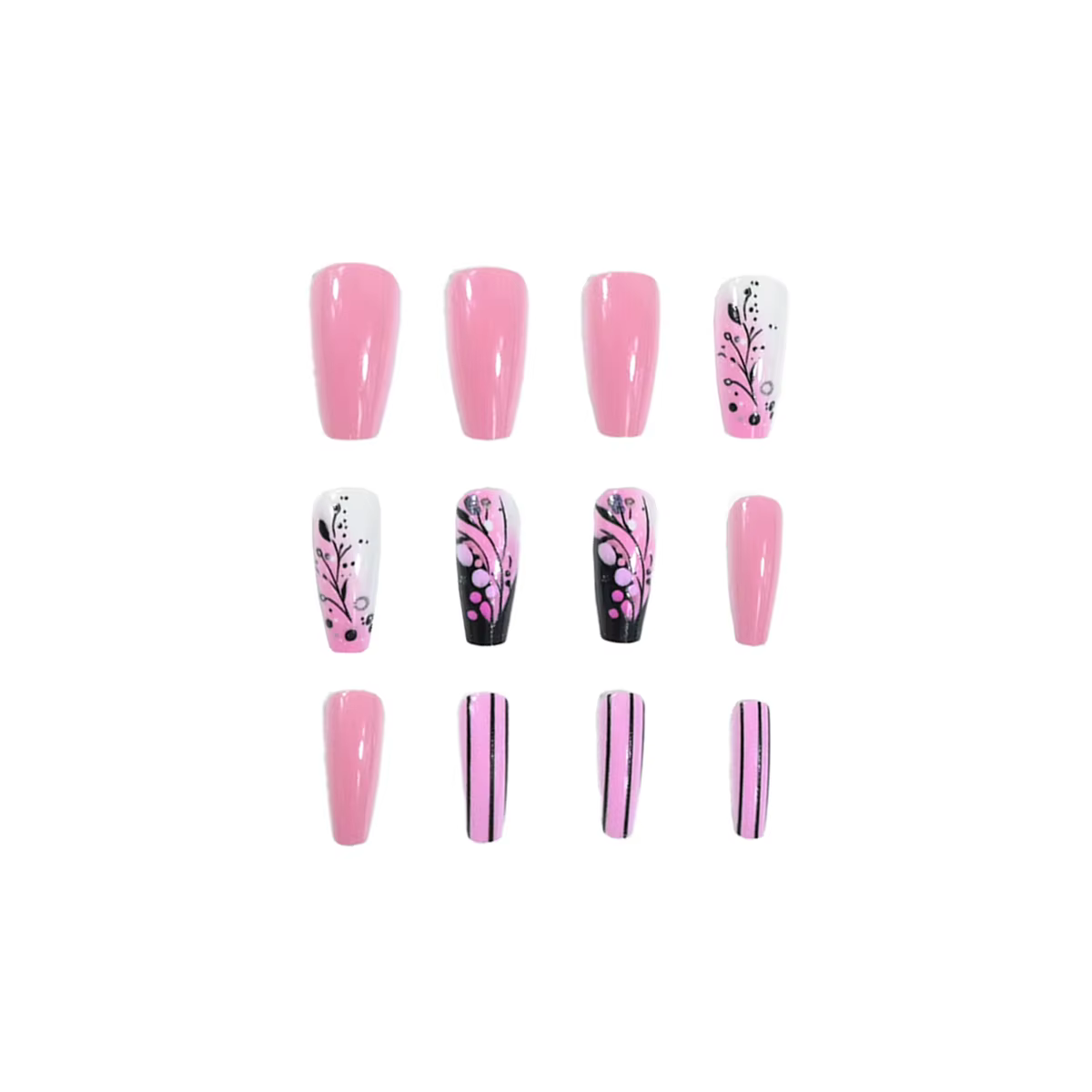 Un ensemble complet de 24 faux ongles longs de ballet conçus avec des morceaux d'ongles roses et des motifs de fleurs