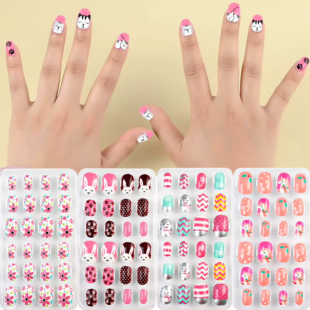 Faux ongles autocollants pour enfants de 5 à 12 ans