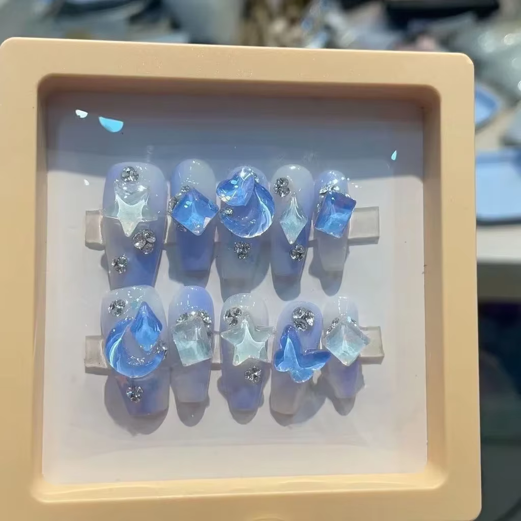 Halo Bleu Faux Ongles Star Lune Nail Patch Diamant