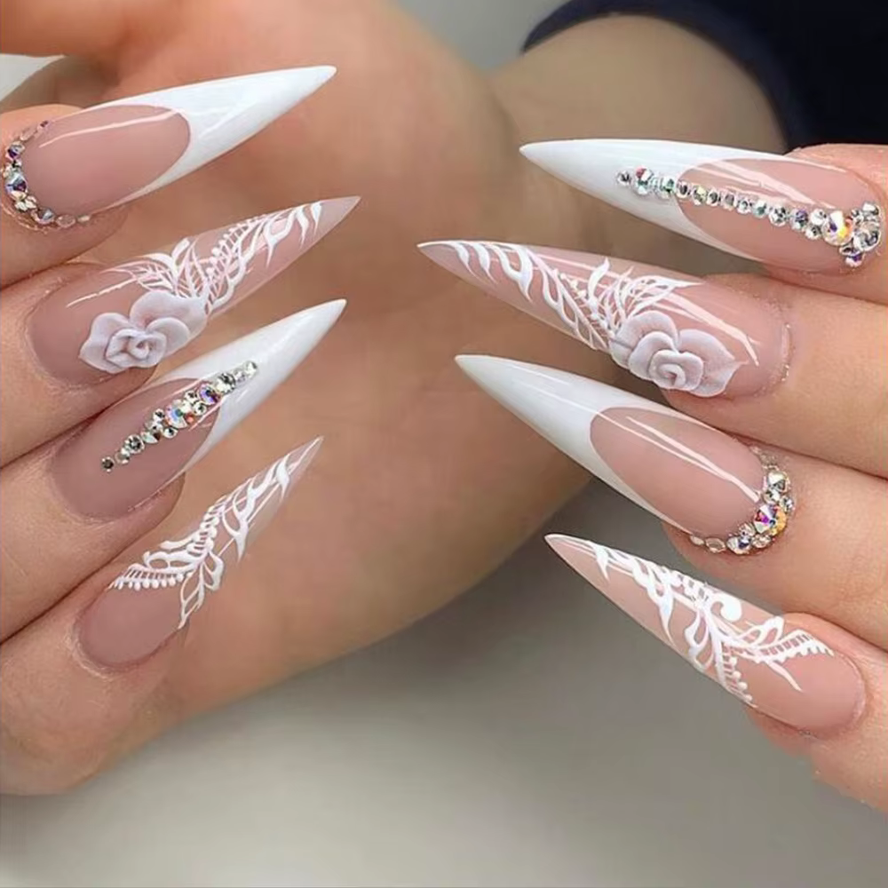 24 pièces Spice Girls faux ongles Simple blanc français avec des diamants scintillants longue Stiletto presse