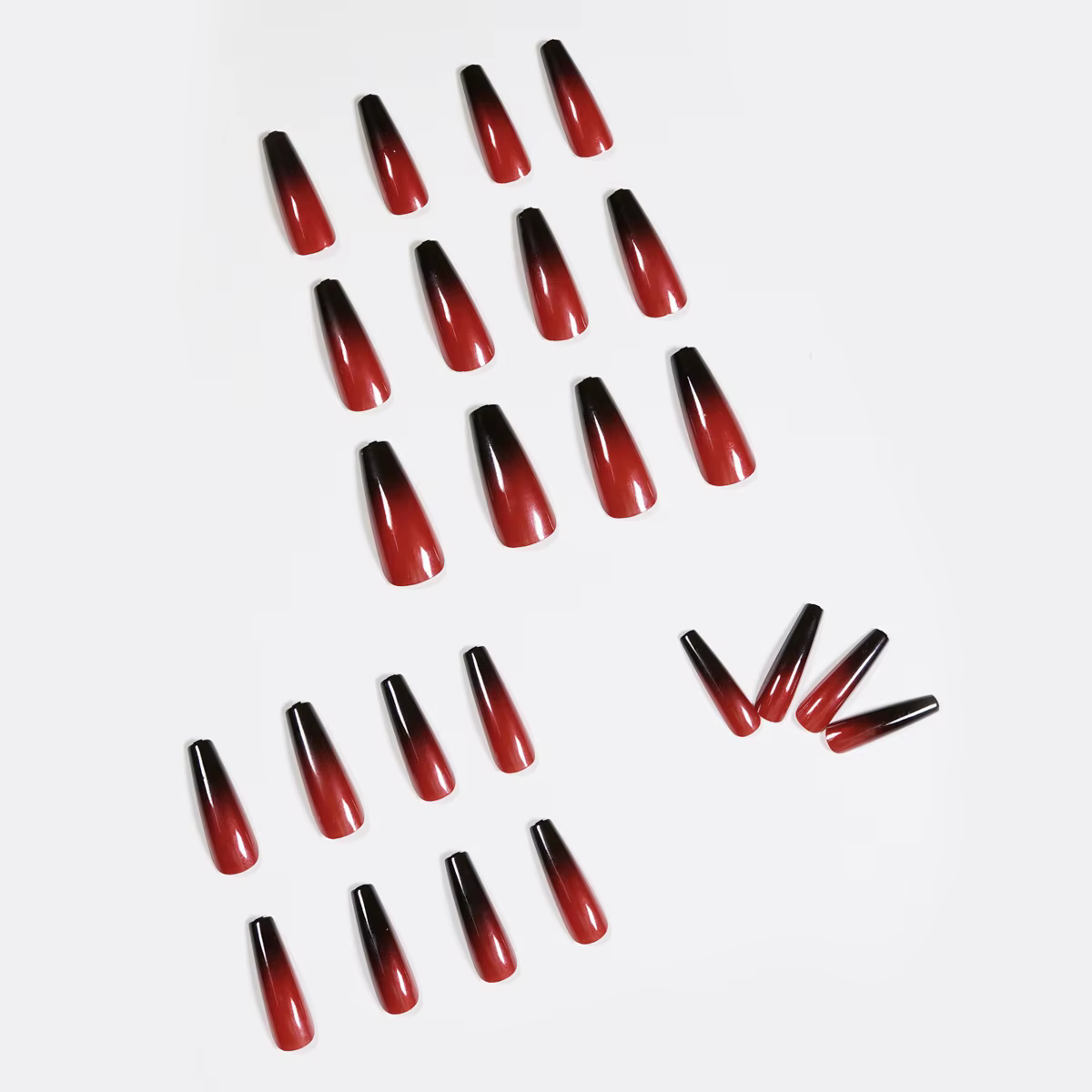 Nouveauté 2026 : 24 faux ongles longs style ballet dégradé rouge et noir