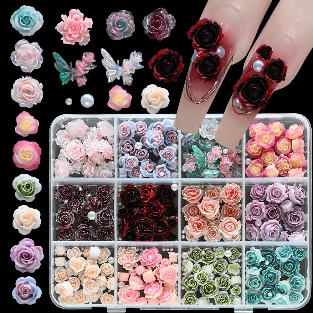 12 grilles 3D camélia Rose fleur Nail Art breloques mixte Floral papillon perle ongles décorations pour bricolage artisanat manucure accessoire