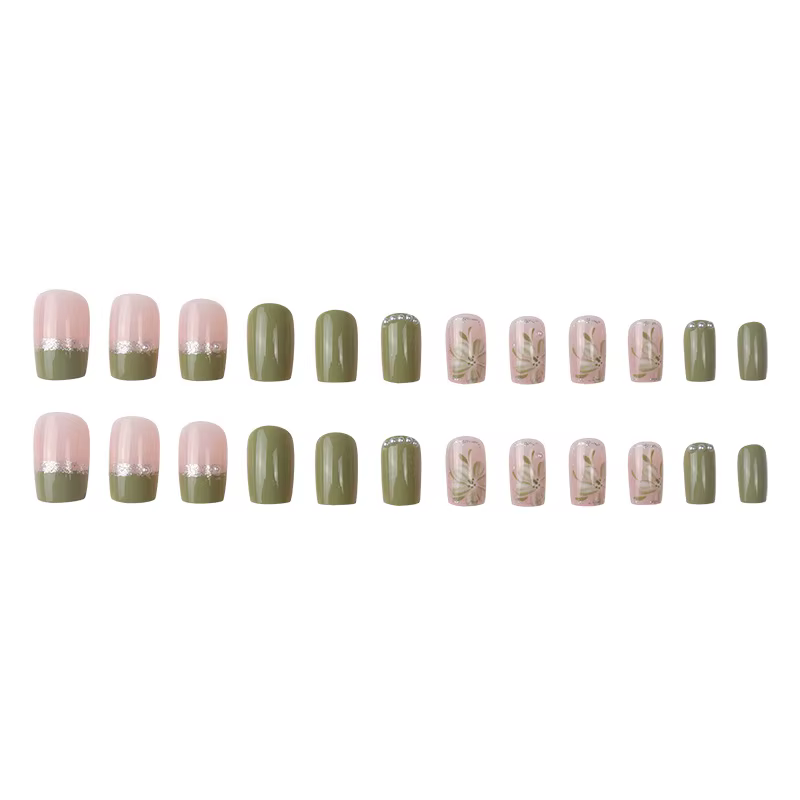 24 pièces/ensemble presse sur faux ongles vert portant