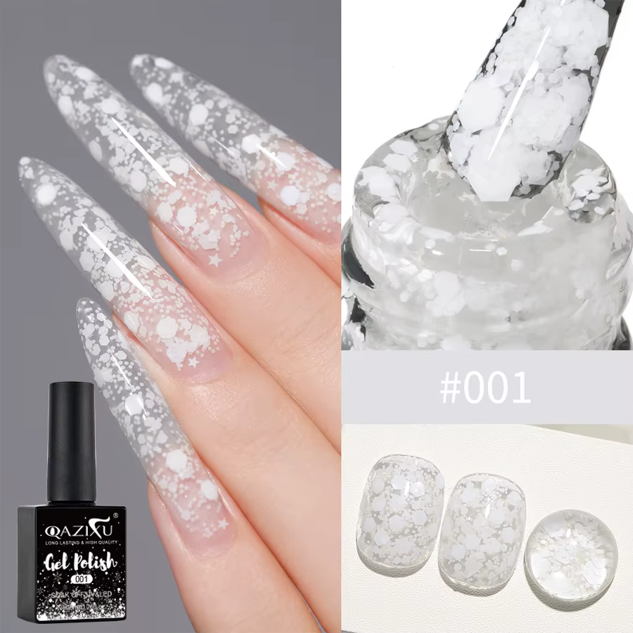 QAZIXU 8ml flocon de neige Gel vernis à ongles UV LED Semi Permanent blanc rose paillettes