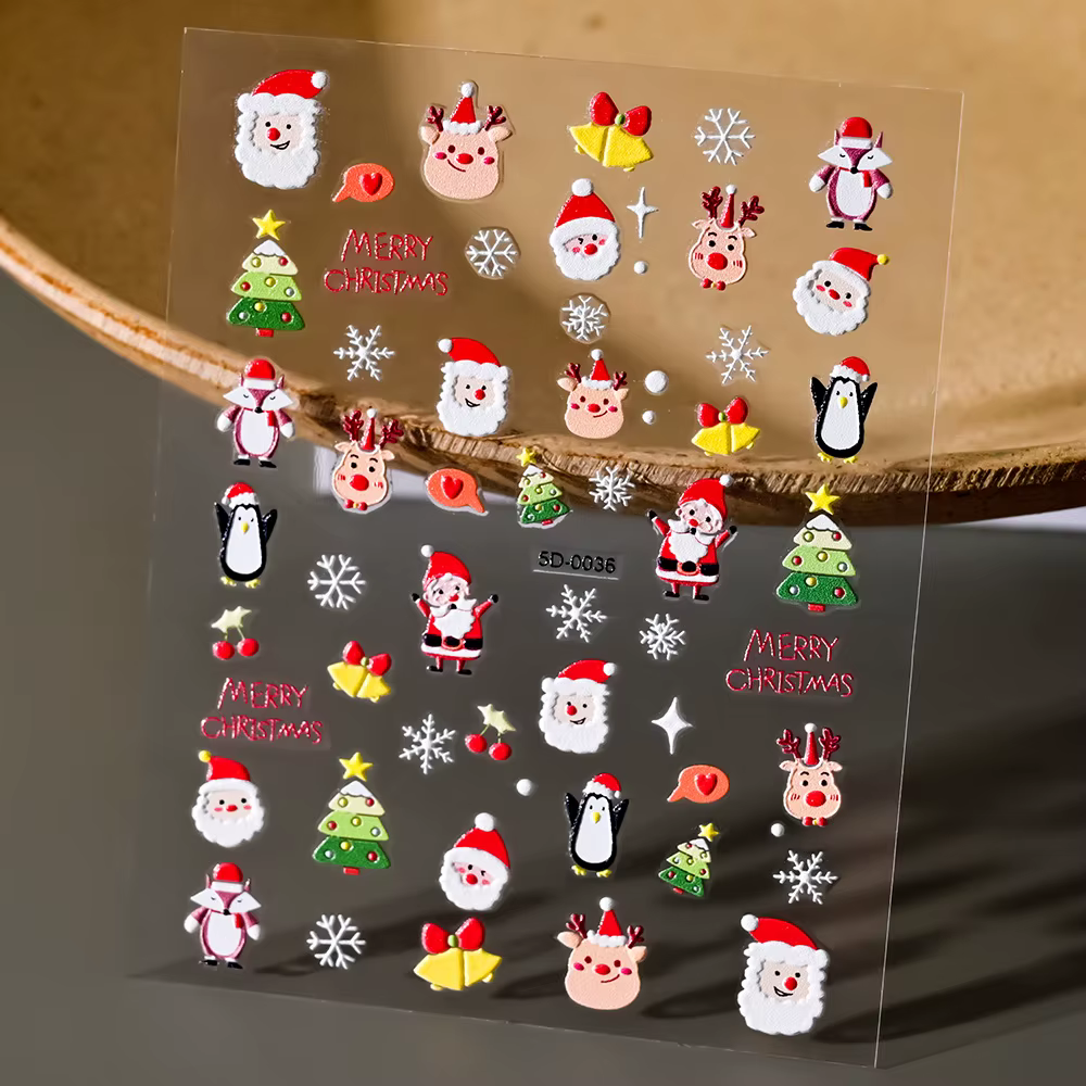 Autocollants pour ongles de noël 5D en relief bonhomme de neige flocons