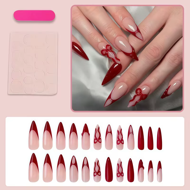 24 faux ongles pointus ondulés rouge bordeaux
