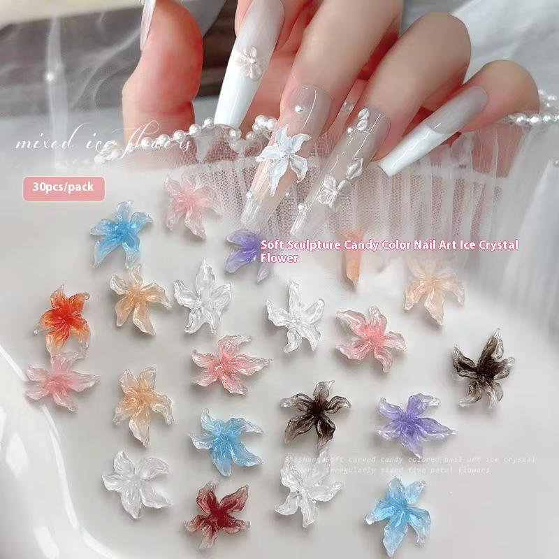 30pc mixte 3D résine dégradé coloré Transparent Lily Nail Art décoration Style bizarre tacheté fleur ongles breloques pour manucure