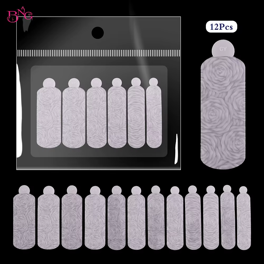 BNG 12 pièces ensemble de formes d'ongles de manucure française moules en Silicone à double autocollant pour une conception rapide pochoirs roses réutilisables avec motif de soulagement