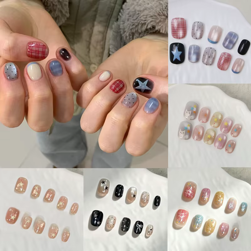 10 faux ongles courts ovales de style français à presser – Motifs simples à rayures colorées et étoiles