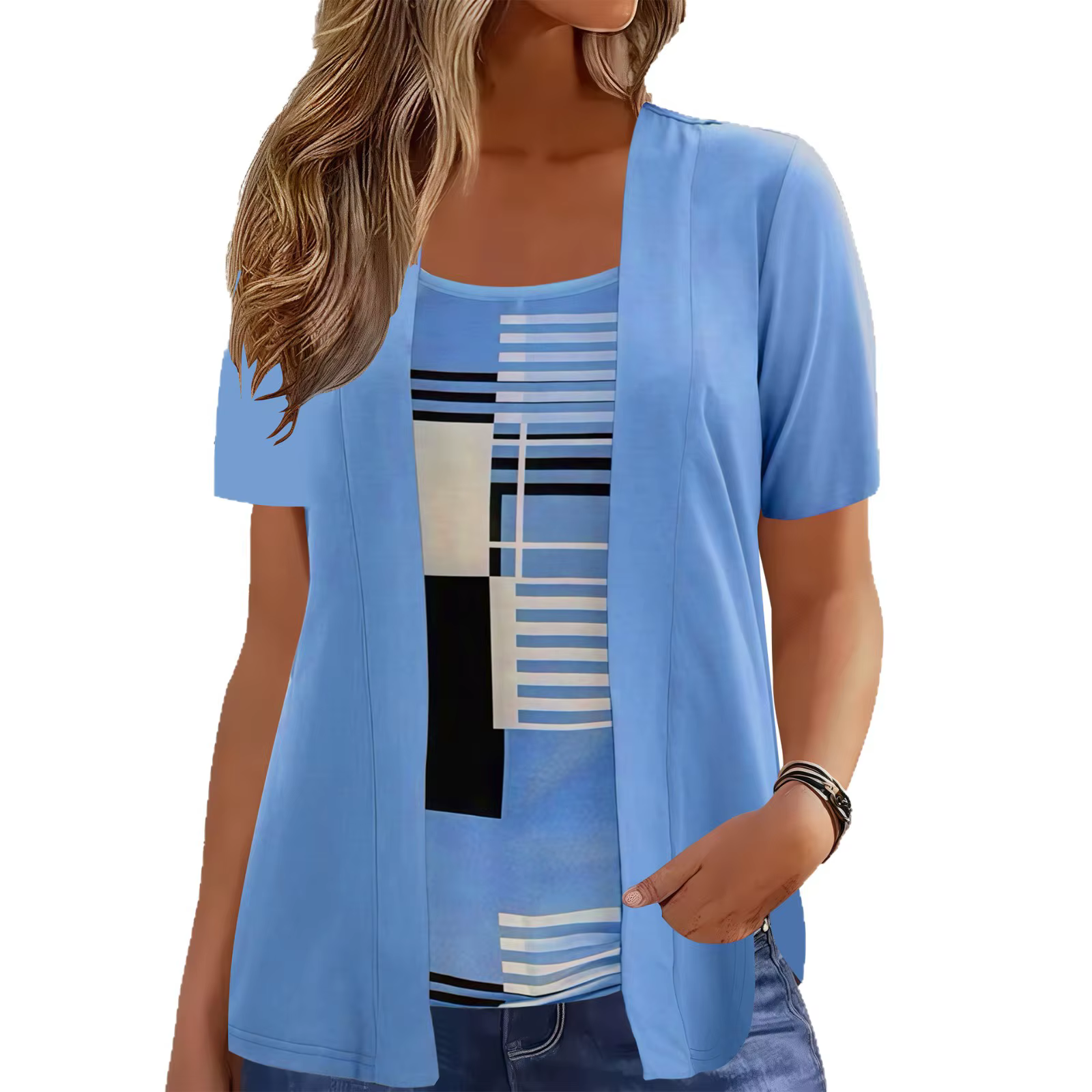 Nouveau 2025 t-shirts femmes faux deux pièces élégant Patchwork grande taille chemises été décontracté imprimé à manches courtes dames hauts amples 5XL