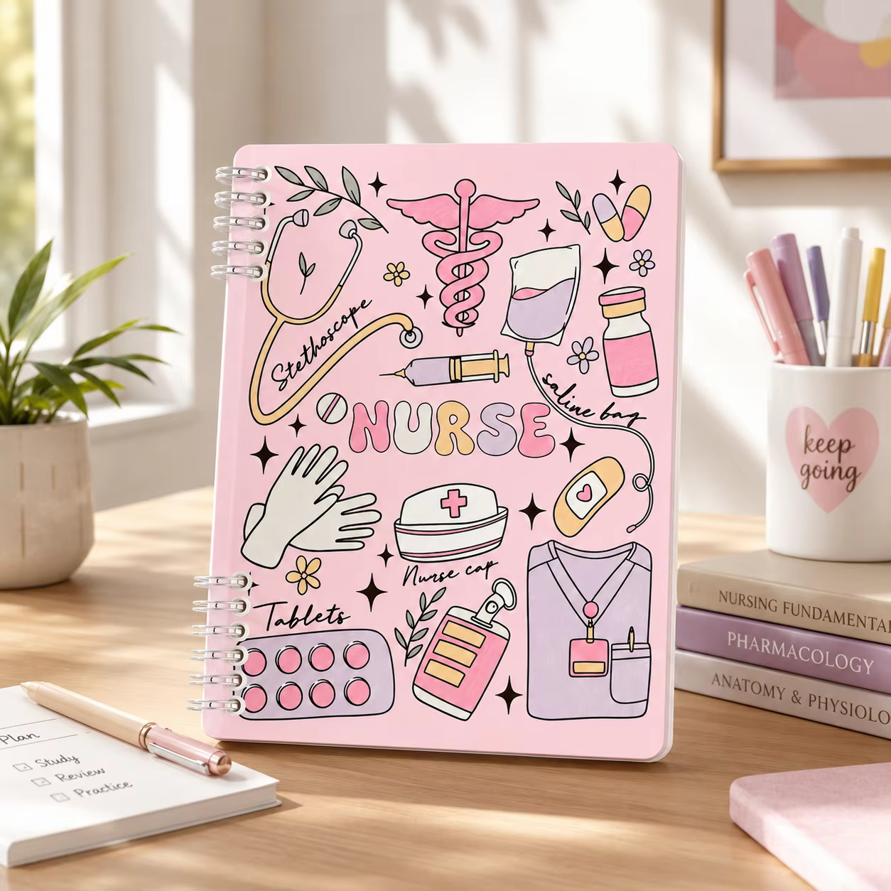 Carnet à spirale rose de 120 pages pour infirmières, journal médical mignon pour étudiants en soins infirmiers, notes de travail, cadeaux scolaires et d'appréciation