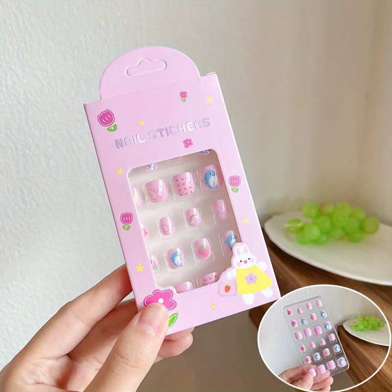 24 pièces/boîte enfants dessin animé ongles conseils coloré mignon fille faux