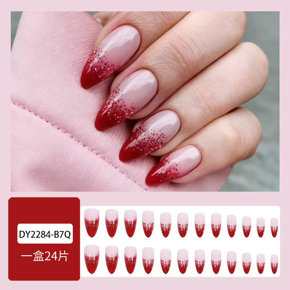 Faux ongles français à paillettes rouge vin