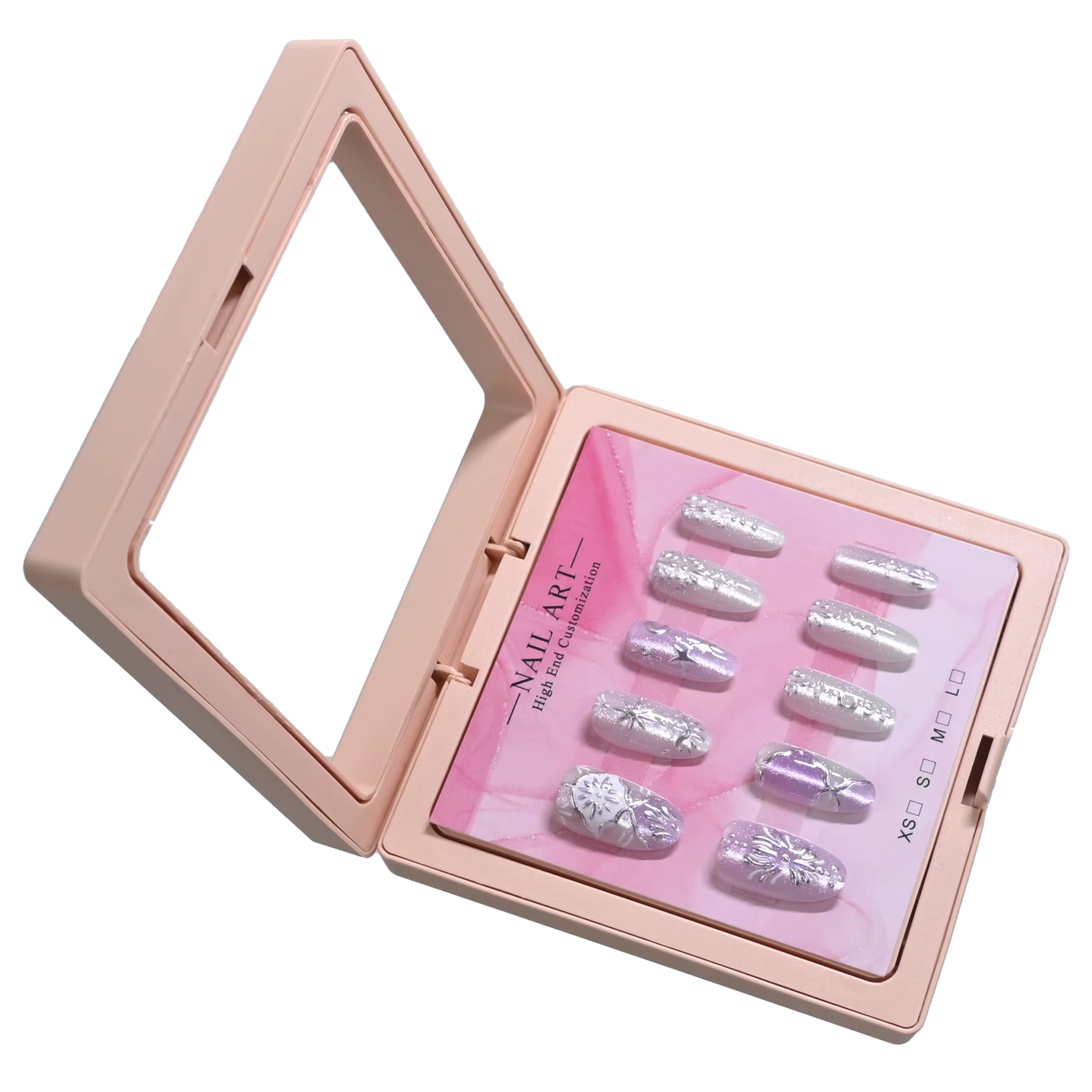 10 ongles de cercueil faits à la main dans une boîte cadeau rose. Base de vernis