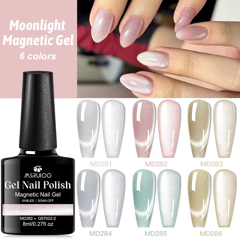 MSRUIOO 8ml clair de lune chat magnétique vernis à ongles paillettes rose argent Semi Permanent Style français Nail Art