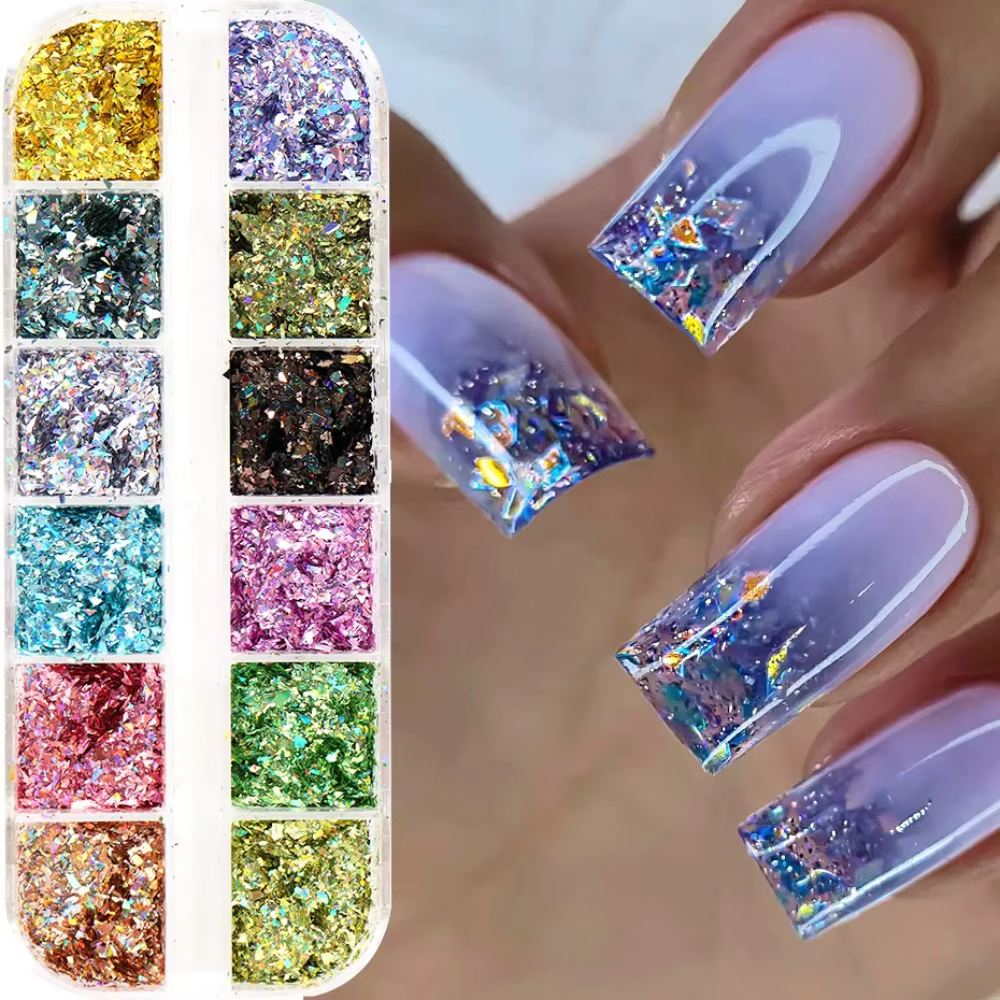 12 grilles holographiques paillettes Nail Art